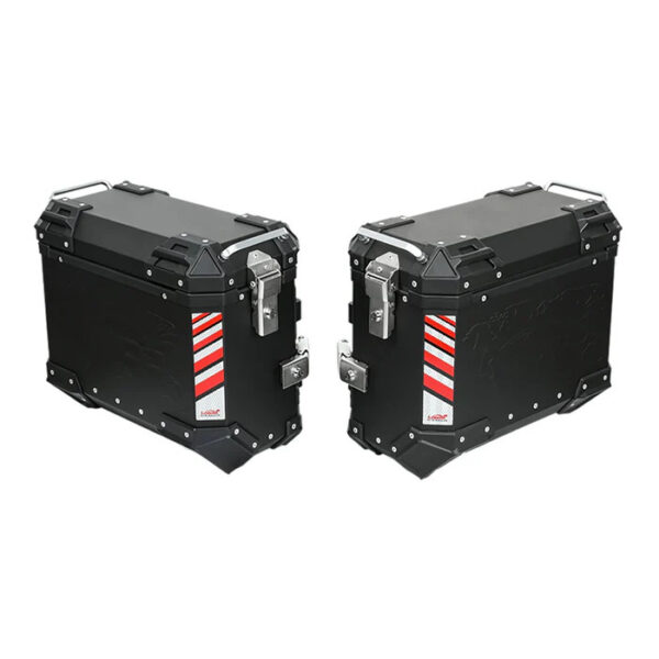 LOBOO PIKE Kufry boczne czarne 37+37L, aluminium, 2 zamki, wodoodporne, wewnętrzna siatka/paski mocujące bagaż, 1 komplet - 2 sz