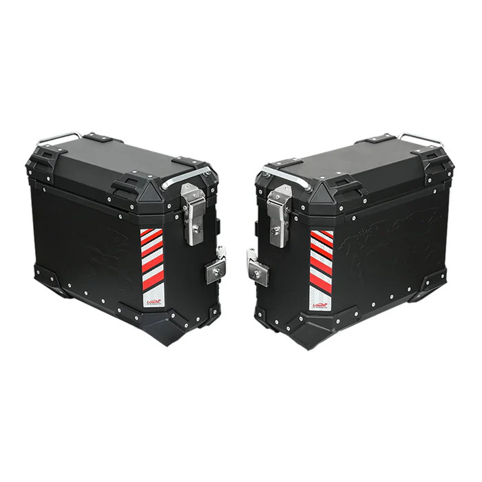 LOBOO PIKE Kufry boczne czarne 37+37L, aluminium, 2 zamki, wodoodporne, wewnętrzna siatka/paski mocujące bagaż, 1 komplet - 2 sz