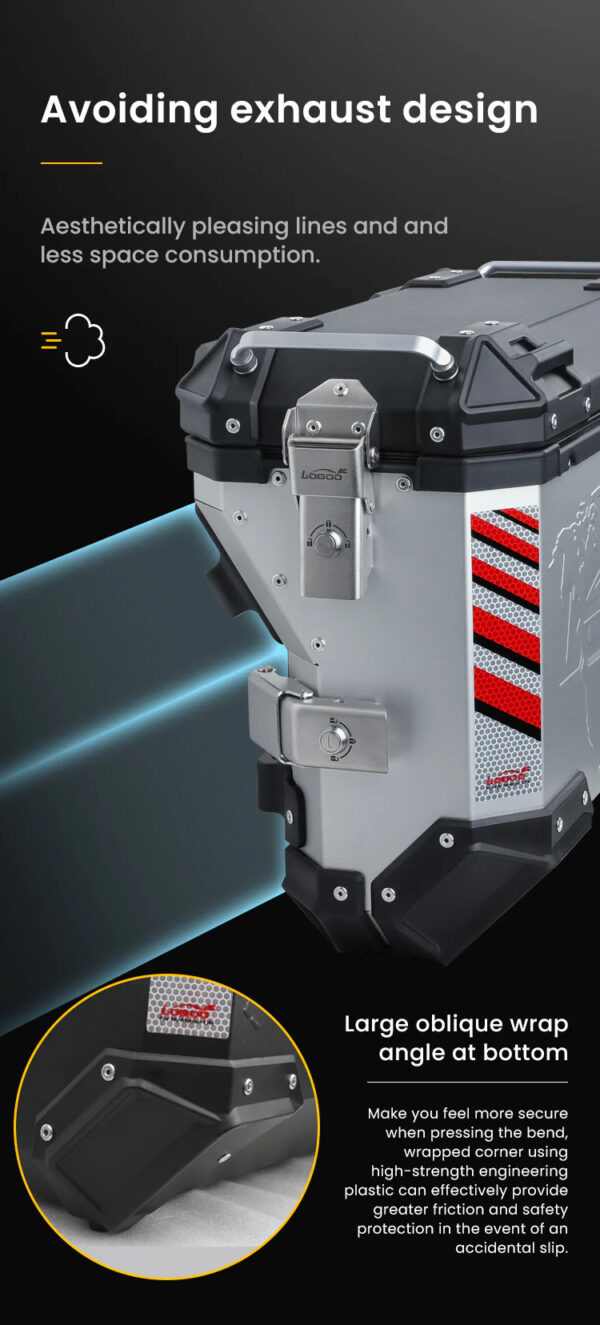 LOBOO PIKE Kufry boczne czarne 45+38L, aluminium, 2 zamki, wodoodporne, wewnętrzna siatka/paski mocujące bagaż, 1 komplet - 2 sz