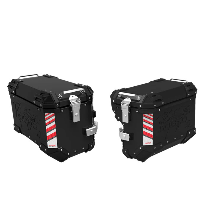 LOBOO PIKE Kufry boczne czarne 45+38L, aluminium, 2 zamki, wodoodporne, wewnętrzna siatka/paski mocujące bagaż, 1 komplet - 2 sz