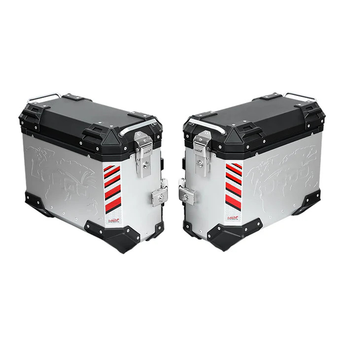 LOBOO PIKE Kufry boczne srebrne 37+37L, aluminium, 2 zamki, wodoodporne, wewnętrzna siatka/paski mocujące bagaż, 1 komplet - 2 s