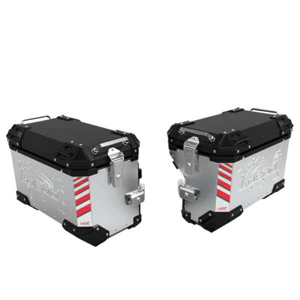 LOBOO PIKE Kufry boczne srebrne 45+38L, aluminium, 2 zamki, wodoodporne, wewnętrzna siatka/paski mocujące bagaż, 1 komplet - 2 s