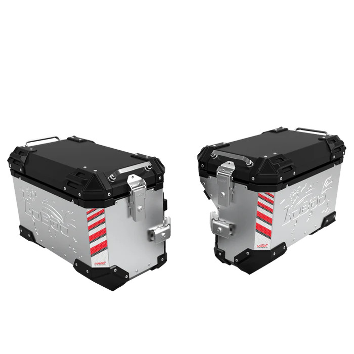 LOBOO PIKE Kufry boczne srebrne 45+38L, aluminium, 2 zamki, wodoodporne, wewnętrzna siatka/paski mocujące bagaż, 1 komplet - 2 s