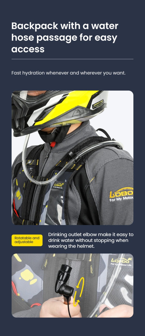 LOBOO Plecak motocyklowy czarny/szary/fluo 6L, materiał TPU, wodoodporny IPX7, camelbag 1,5L