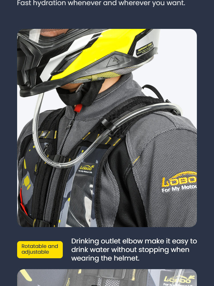 LOBOO Plecak motocyklowy czarny/szary/fluo 6L, materiał TPU, wodoodporny IPX7, camelbag 1,5L