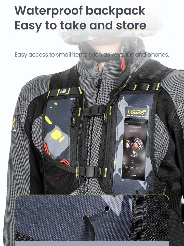 LOBOO Plecak motocyklowy czarny/szary/fluo 6L, materiał TPU, wodoodporny IPX7, camelbag 1,5L