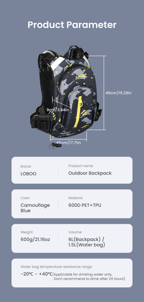 LOBOO Plecak motocyklowy czarny/szary/fluo 6L, materiał TPU, wodoodporny IPX7, camelbag 1,5L
