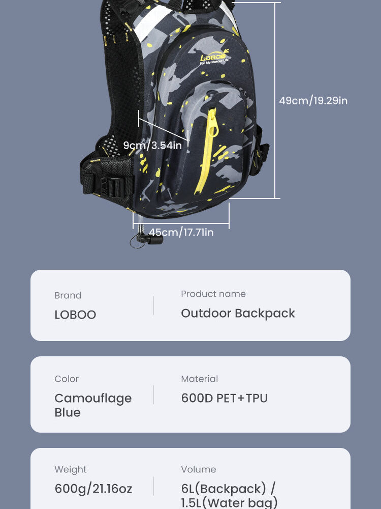 LOBOO Plecak motocyklowy czarny/szary/fluo 6L, materiał TPU, wodoodporny IPX7, camelbag 1,5L