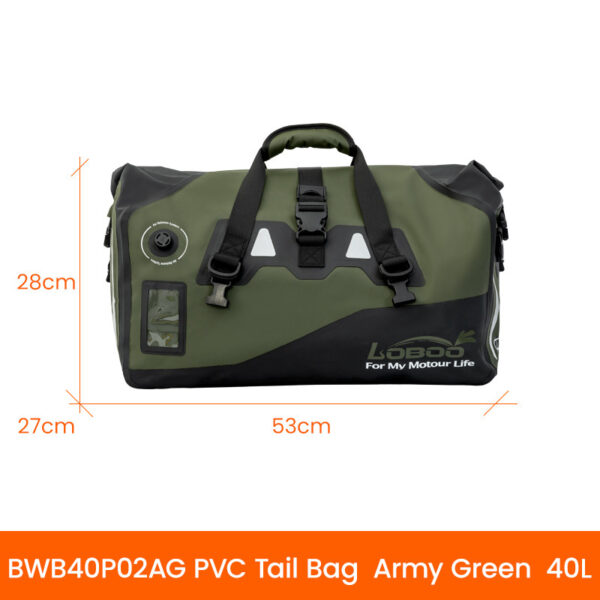 LOBOO Torba motocyklowa PVC bojowo zielona 40L (z kieszenią separacyjną na mokre rzeczy)