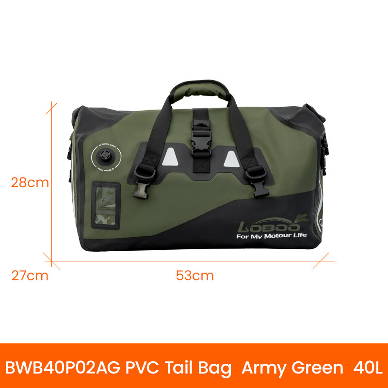 LOBOO Torba motocyklowa PVC bojowo zielona 40L (z kieszenią separacyjną na mokre rzeczy)