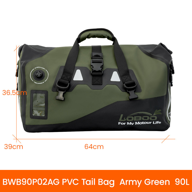 LOBOO Torba motocyklowa PVC bojowo zielona 90L (z kieszenią separacyjną na mokre rzeczy)