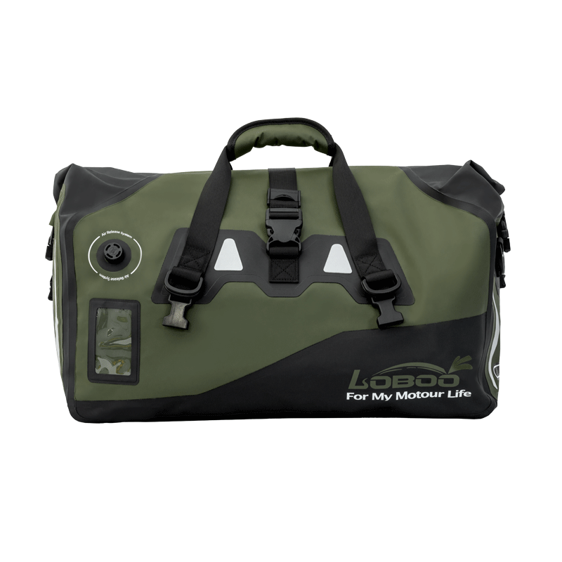 LOBOO Torba motocyklowa PVC bojowo zielona 90L (z kieszenią separacyjną na mokre rzeczy)