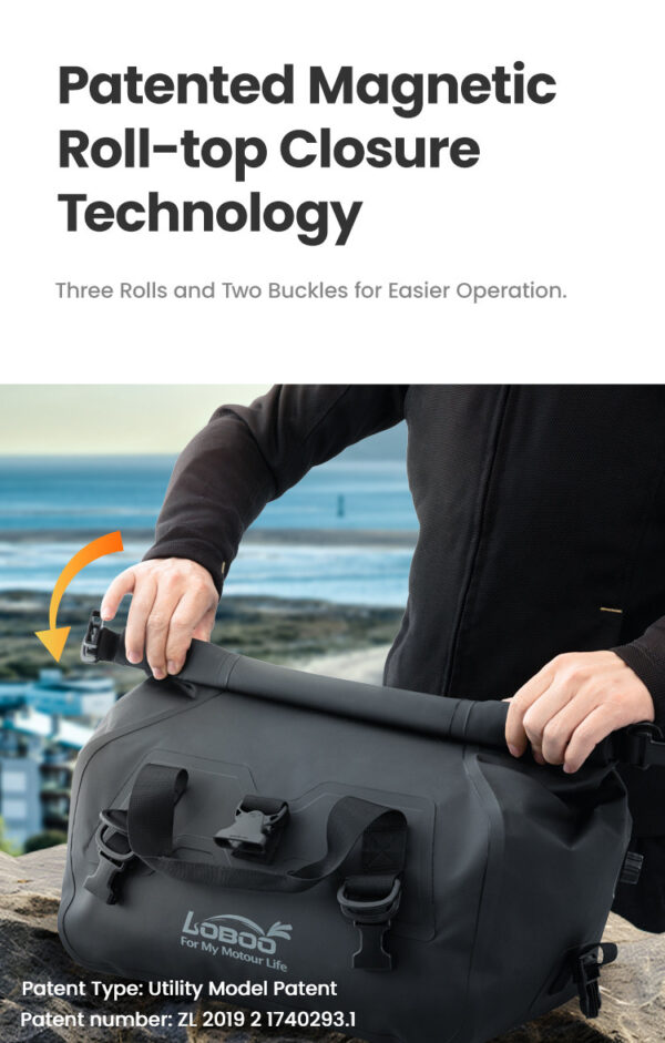 LOBOO Torba motocyklowa PVC szara 20L, magnetyczne zapięcie, wodoodporna