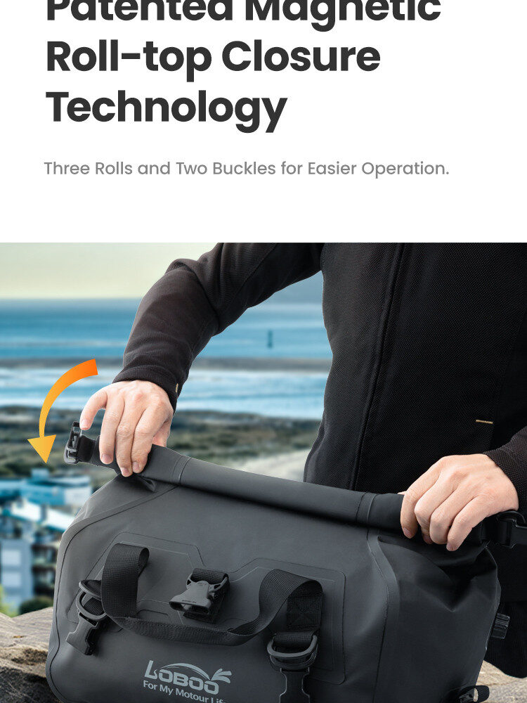 LOBOO Torba motocyklowa PVC szara 20L, magnetyczne zapięcie, wodoodporna