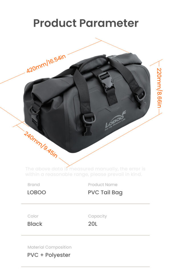 LOBOO Torba motocyklowa PVC szara 20L, magnetyczne zapięcie, wodoodporna