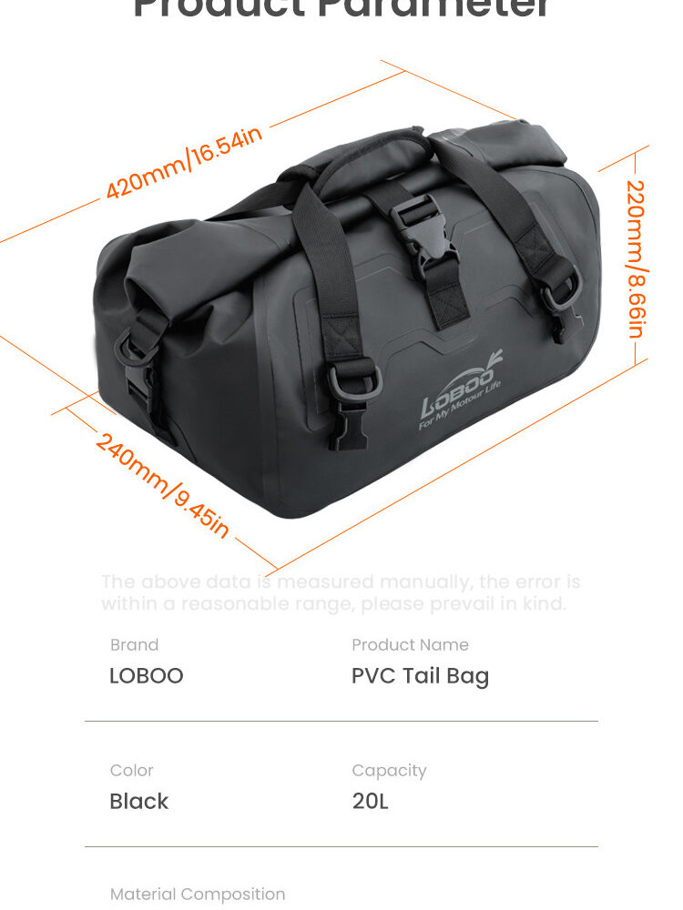 LOBOO Torba motocyklowa PVC szara 20L, magnetyczne zapięcie, wodoodporna