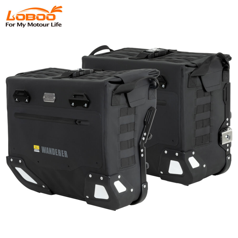 loboo-sakwy-boczne-wanderer-30l40l-1041500100101 LOBOO Sakwy boczne WANDERER, materiał TPU, wodoodporne IPX6M, magnetyczne zapięcie, zamek, system MOLLE, czarne, 2 szt 30L+40L