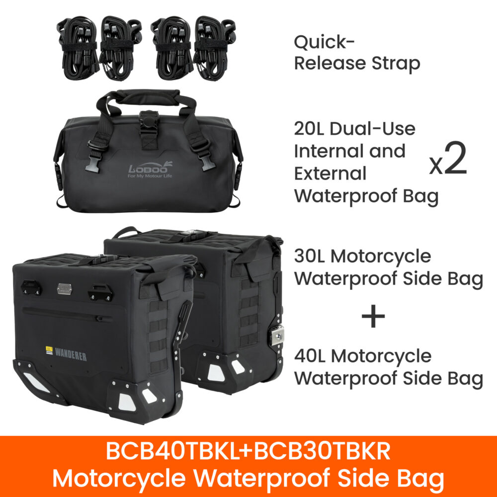 loboo-sakwy-boczne-wanderer-30l40l-1041500100101 LOBOO Sakwy boczne WANDERER, materiał TPU, wodoodporne IPX6M, magnetyczne zapięcie, zamek, system MOLLE, czarne, 2 szt 30L+40L
