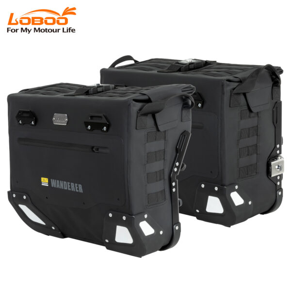 loboo-sakwy-boczne-wanderer-30l40l-1041500100101 LOBOO Sakwy boczne WANDERER, materiał TPU, wodoodporne IPX6M, magnetyczne zapięcie, zamek, system MOLLE, czarne, 2 szt 30L+40L