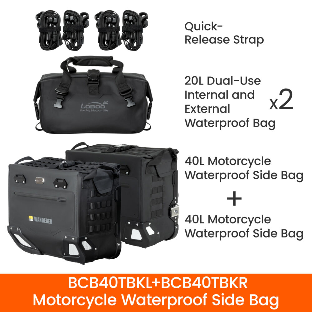 loboo-sakwy-boczne-wanderer-40l40l-1041500200101 LOBOO Sakwy boczne WANDERER, materiał TPU, wodoodporne IPX6M, magnetyczne zapięcie, zamek, system MOLLE, czarne, 2 szt 40L+40L