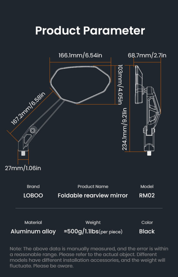 LOBOO Składane lusterka wsteczne czarne (para), aluminium, CNC