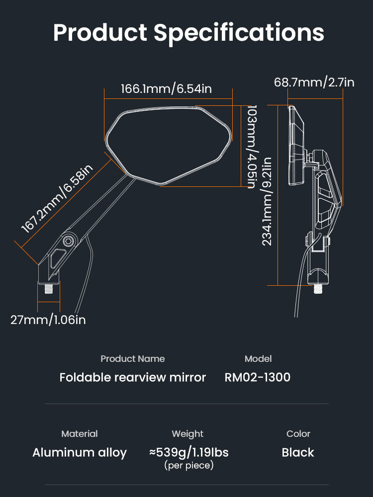 LOBOO Składane lusterka wsteczne (para), czujniki ultradźwiekowe SVA, aluminium, CNC