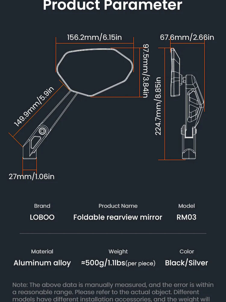 LOBOO Składane lusterka wsteczne (para), aluminium, CNC