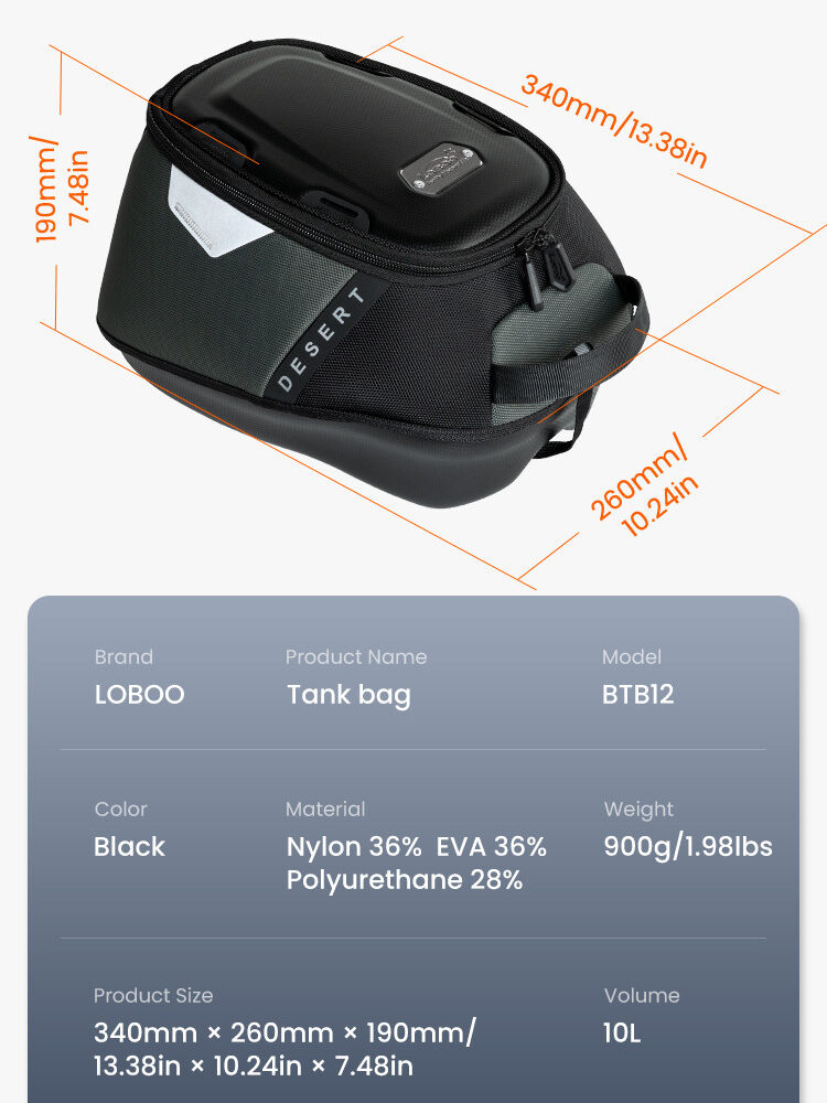 LOBOO Tank Bag z funkcją szybkiego demontażu z kotwy magnetycznej, regulacja montażu w zakresie 110mm, 10L, czarny/szary