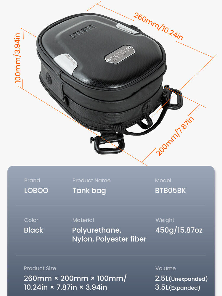 loboo-tank-bag-25-35l LOBOO Tank bag z funkcją szybkiego demontażu z kotwy magnetycznej, regulacja montażu 110mm, pojemność 2,5-3,5L, czarny