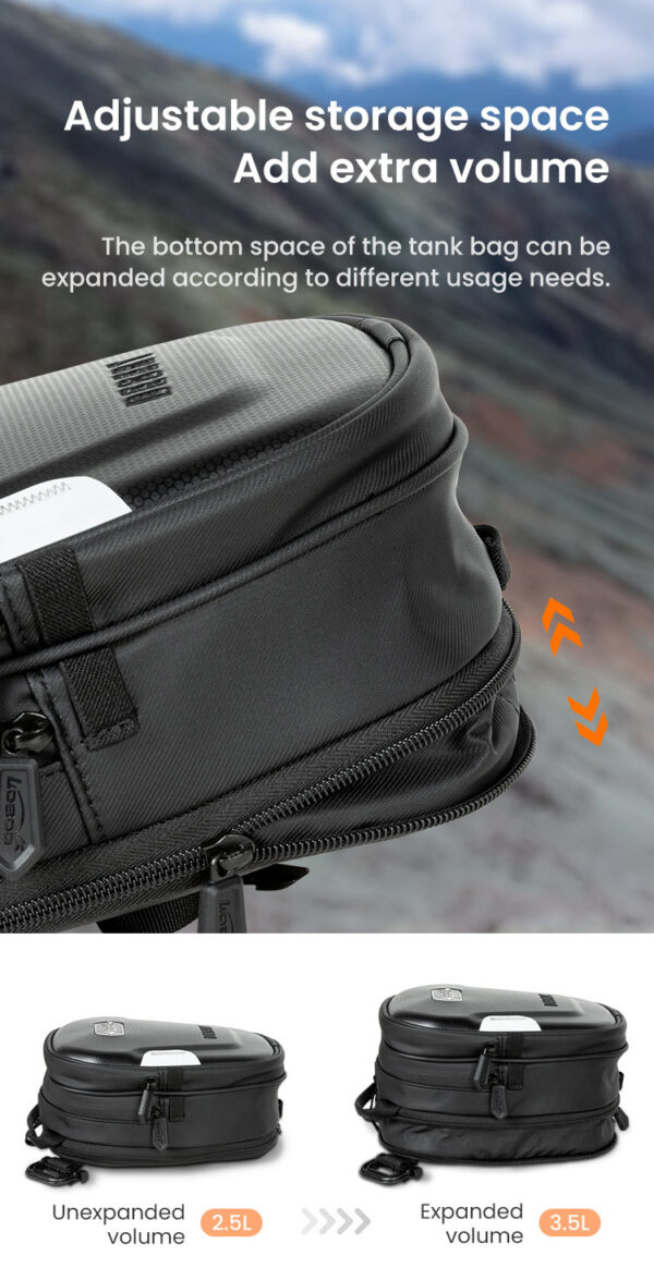 loboo-tank-bag-25-35l LOBOO Tank bag z funkcją szybkiego demontażu z kotwy magnetycznej, regulacja montażu 110mm, pojemność 2,5-3,5L, czarny