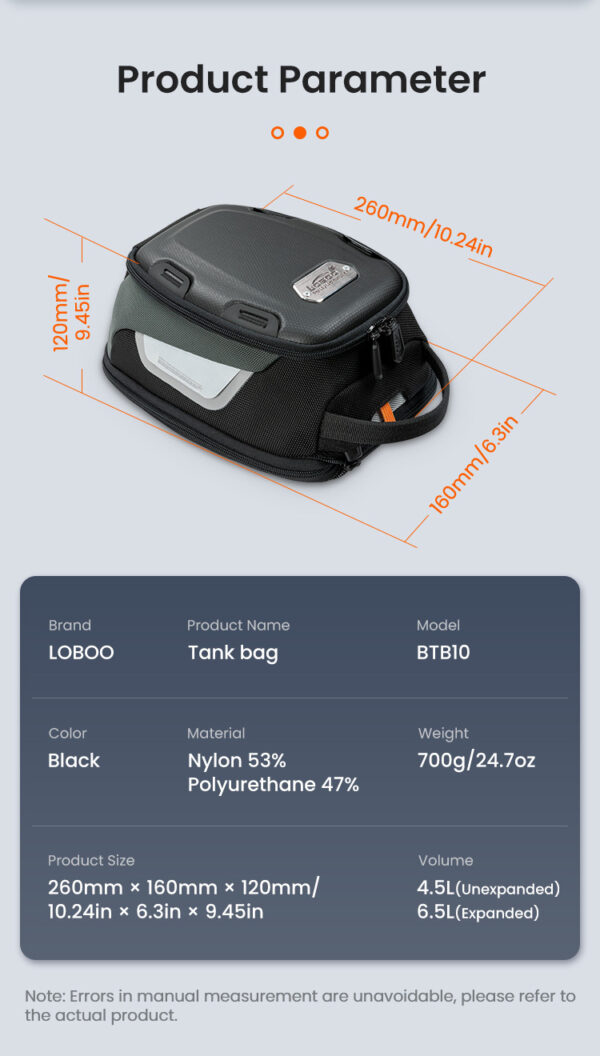 LOBOO Tank Bag z funkcją szybkiego demontażu z kotwy magnetycznej, regulacja montażu w zakresie 110mm, rozszerzany w zakresie 4,5