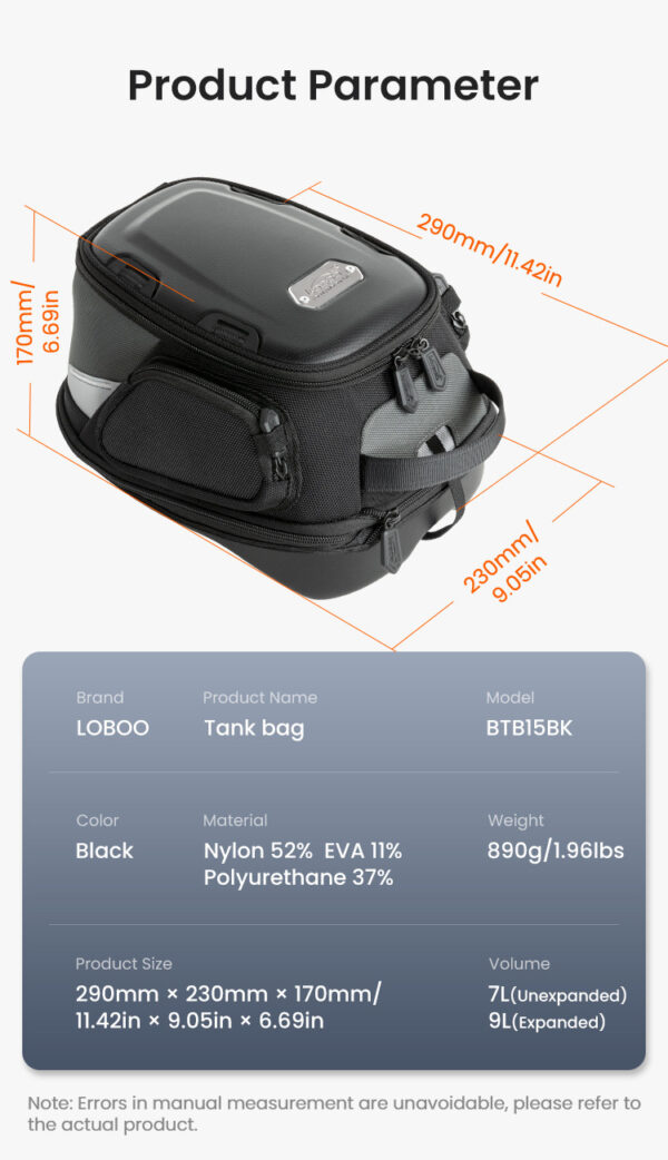 LOBOO Tank Bag z funkcją szybkiego demontażu z kotwy magnetycznej, regulacja montażu w zakresie 110mm, powiększalny w zakresie 7