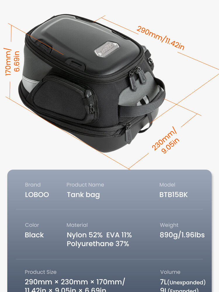 loboo-tank-bag-7-9l LOBOO Tank Bag z funkcją szybkiego demontażu z kotwy magnetycznej, regulacja montażu 110mm, pojemność 7-9L, czarny/szary