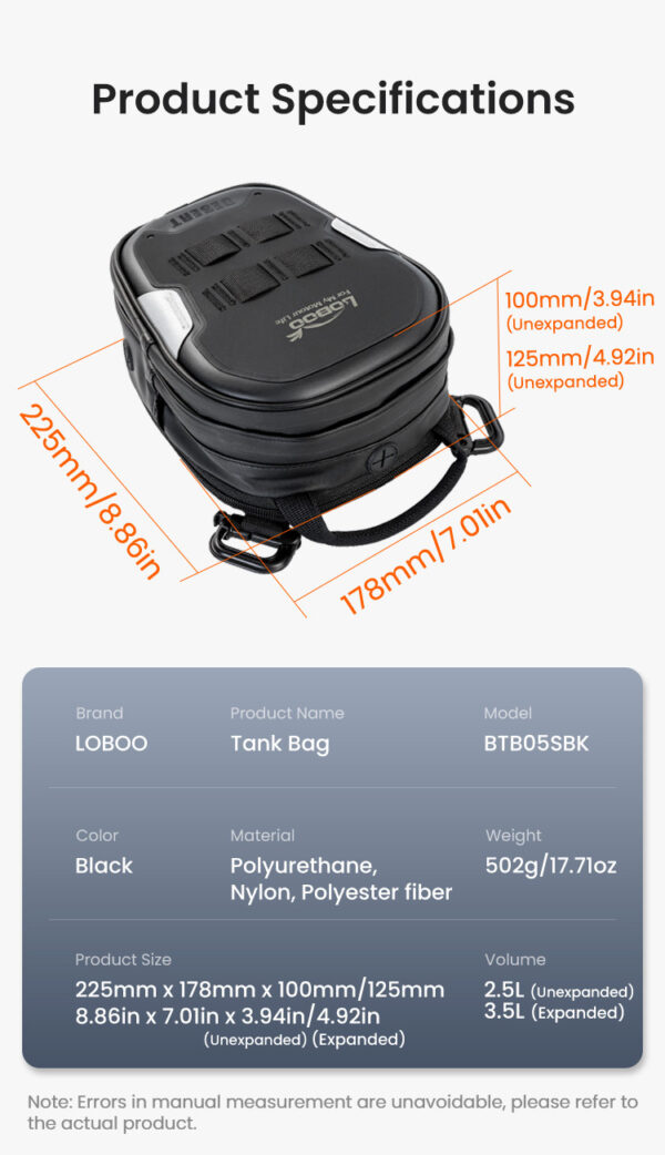 LOBOO Tank bag Easy rozszerzany 2,5-3,5L, z funkcją szybkiego demontażu z kotwy magnetycznej, regulacja montażu w zakresie 110mm