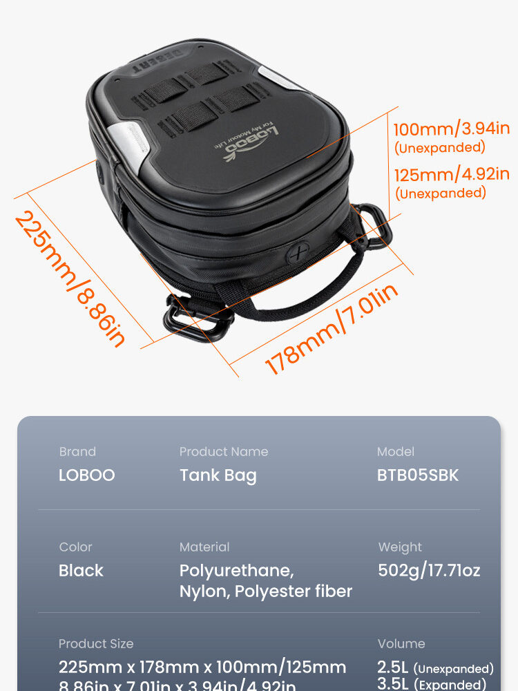 LOBOO Tank bag Easy rozszerzany 2,5-3,5L, z funkcją szybkiego demontażu z kotwy magnetycznej, regulacja montażu w zakresie 110mm