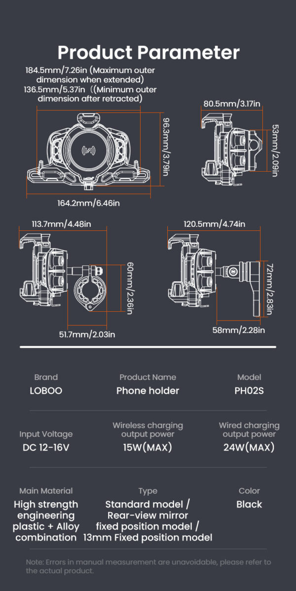 LOBOO Uchwyt na telefon PH02S (z modułem ładowania, na kierownice 22/25/28/32mm)