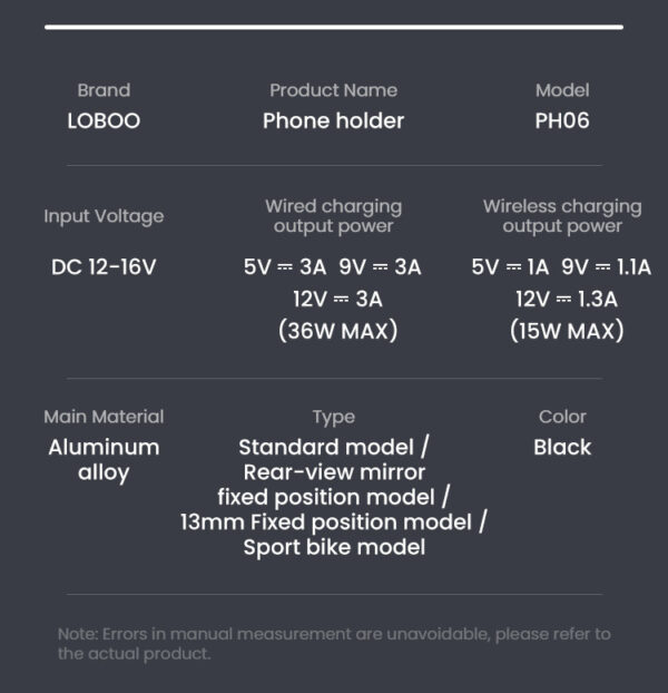 LOBOO Uchwyt na telefon PH06 (z modułem ładowania, 13mm), magnetyczny system antywstrząsowy