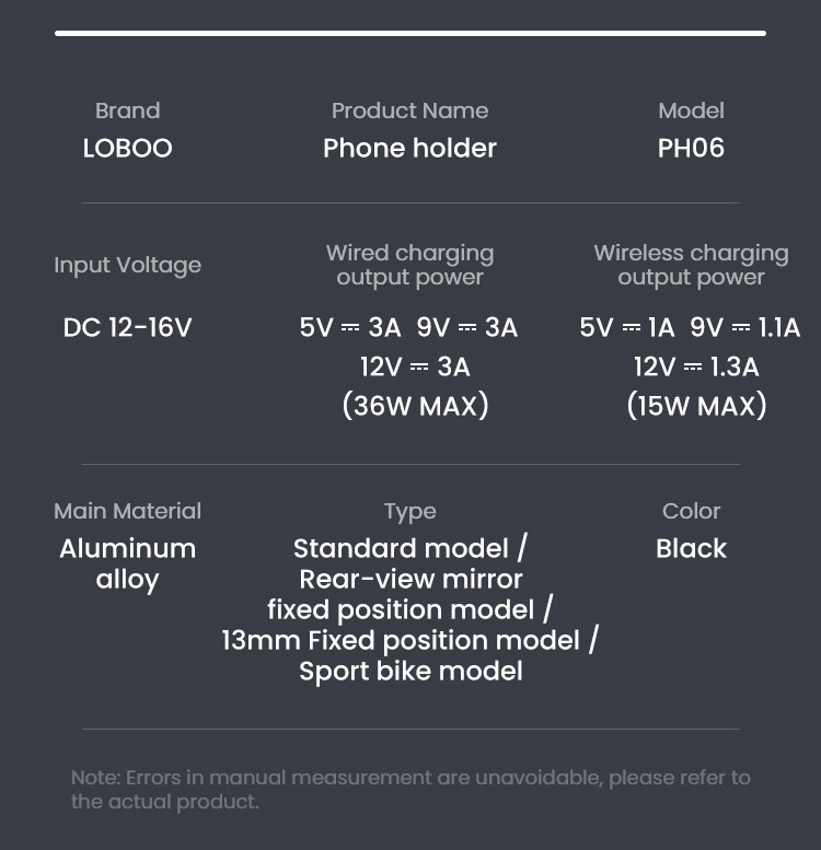 LOBOO Uchwyt na telefon PH06 (z modułem ładowania, sport), magnetyczny system antywstrząsowy