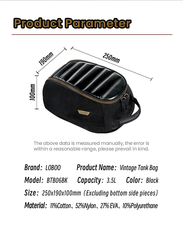 LOBOO Vintage Tank Bag 3,5L motocyklowy magnetyczny, retro design, czarny