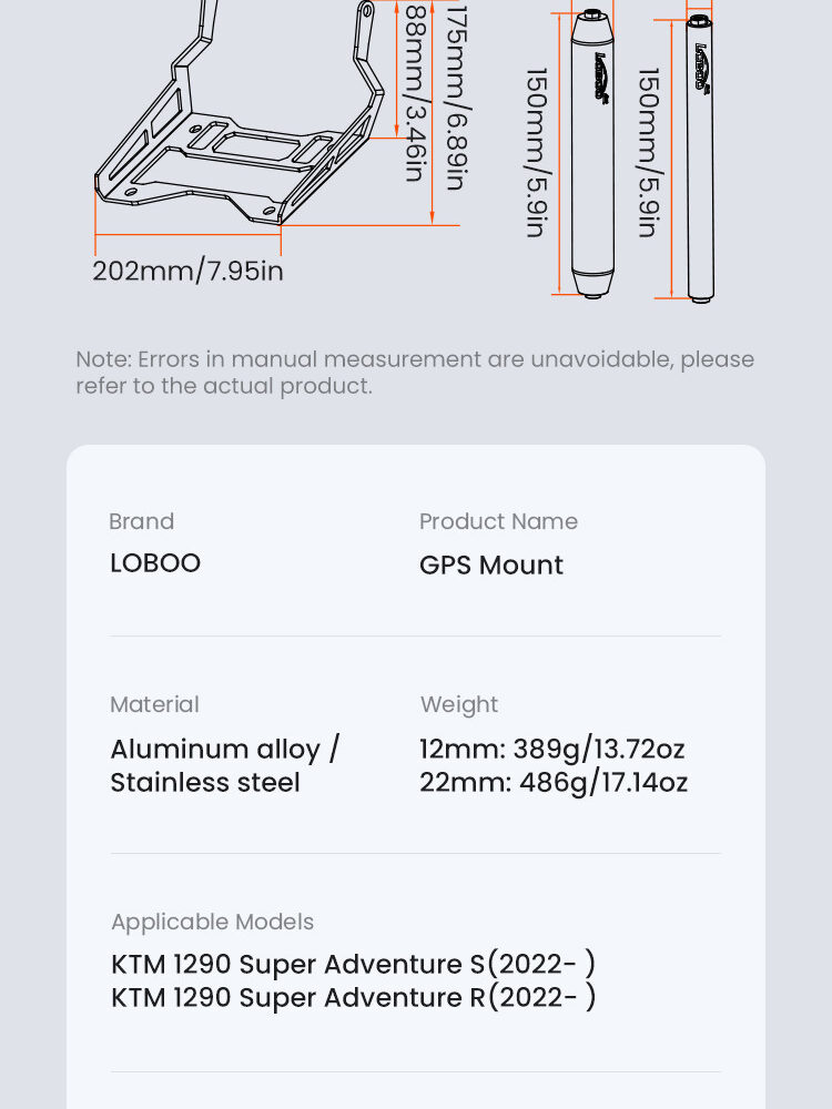 LOBOO Zestaw montażowy GPS do motocykli KTM 1290 Super Adventure (2022-) belka 12mm