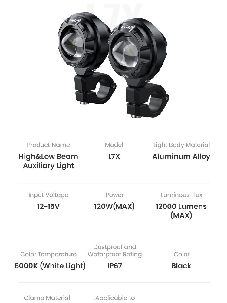 LOBOO L7X lampy LED drogowe i mijania pomocnicze, 12 000 Lumenów, 8-stopniowa skala świecenia, homologacja, zestaw